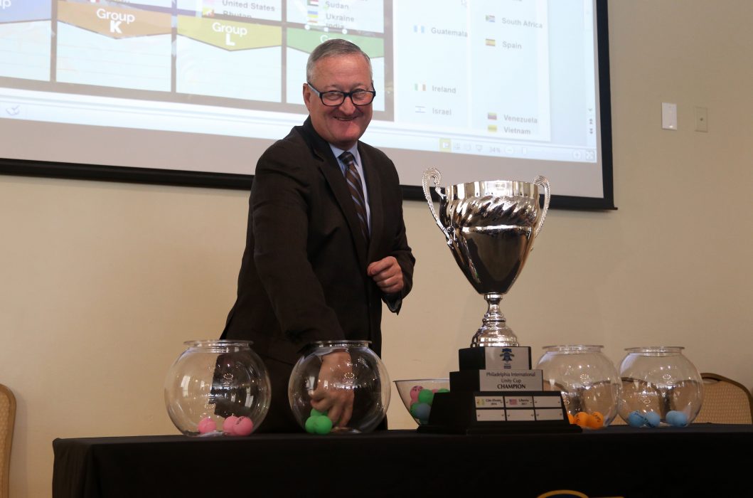 Mayor Kenney draws teams for Philadelphia International Unity Cup during an event on June 7.