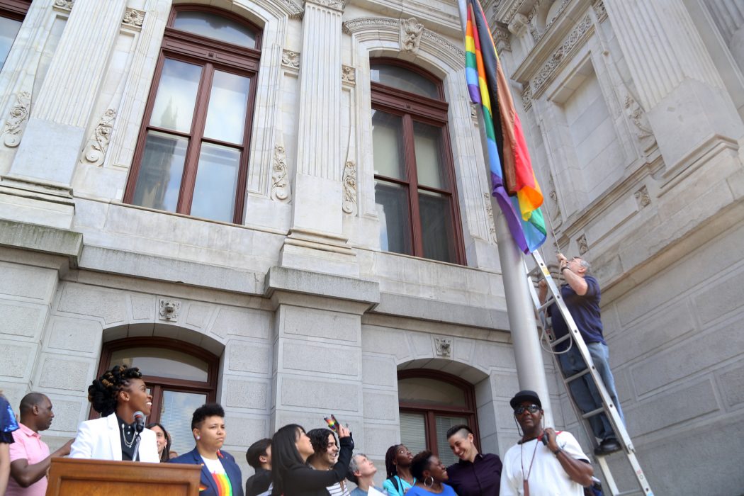 City officials and residents gather for the LGBTQ Pride Month Flag Raising on June 7.