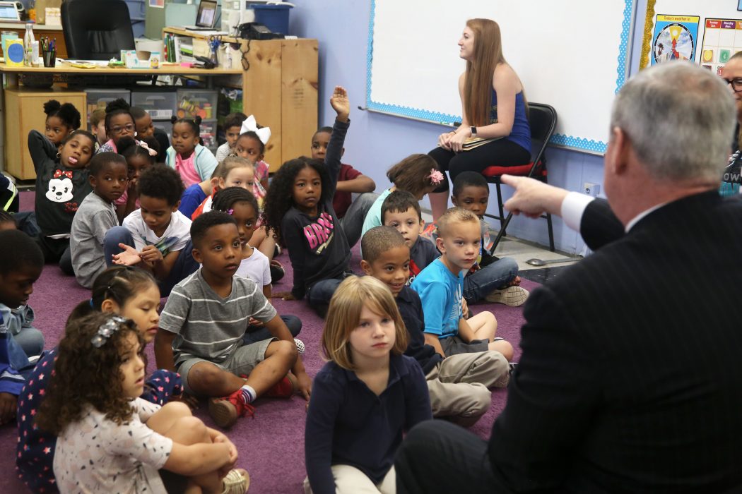 Mayor Kenney speaks with a kindergarten class at J.S. Jenks Elementary School for the last day of school on June 12.