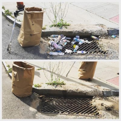 Before and after photo. Top photo features storm drain compacted with trash and litter. Bottom photo features same drain without all the trash