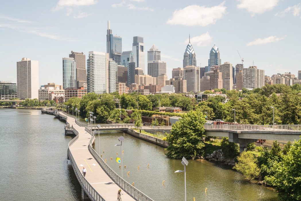 The Philadelphia skyline from South Street Bridge over the Schuylkill River in June 2018.