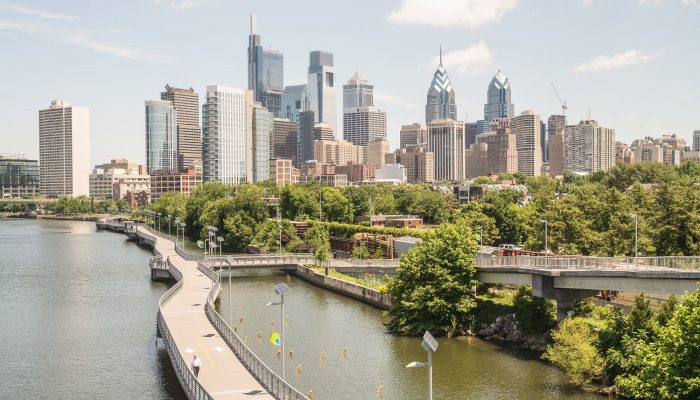 The Philadelphia skyline from South Street Bridge over the Schuylkill River in June 2018.