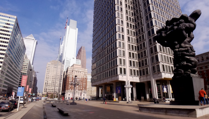 The Municipal Services Building in Center City appears behind the contemporary sculpture "Government of the People".