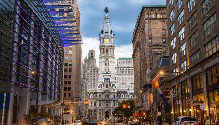 Philadelphia's City Hall as if you were standing on North Broad Street in front of the Pennsylvania Convention Center in the Broad Street median.