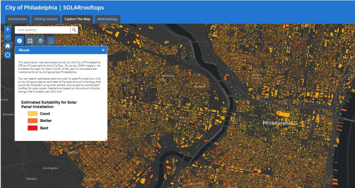 Screenshot of SOLARrooftops, Philly's new solar potential map