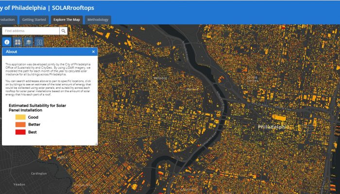 Screenshot of SOLARrooftops, Philly's new solar potential map