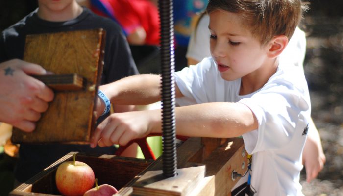 A child presses an apple to make cider