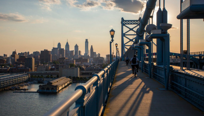 A man rides his bicycle across the Benjamin Frankin Bridge toward Philadelphia