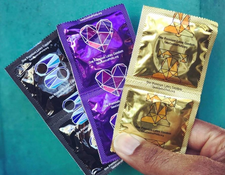 Latex condoms in foil wrappers.