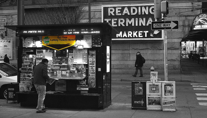 A news stand near the Reading Terminal Market sells Pennsylvania lottery tickers