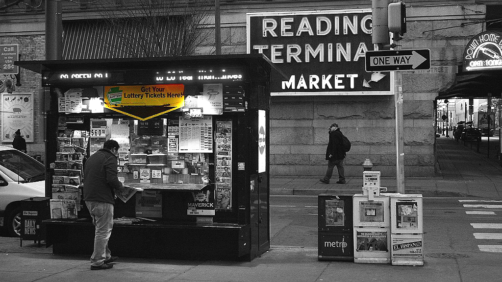A news stand near the Reading Terminal Market sells Pennsylvania lottery tickers
