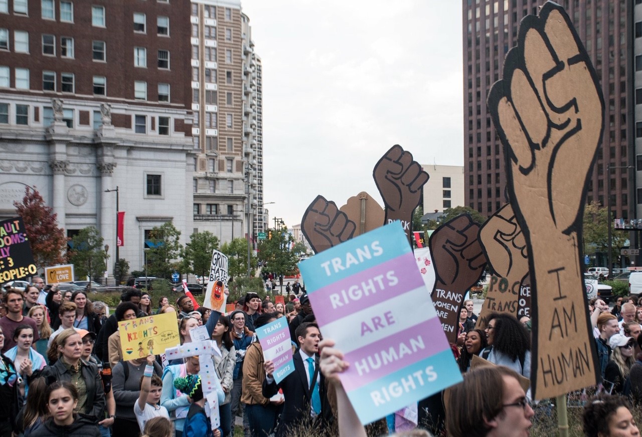 protestors holding up a trans rights are human rights poster
