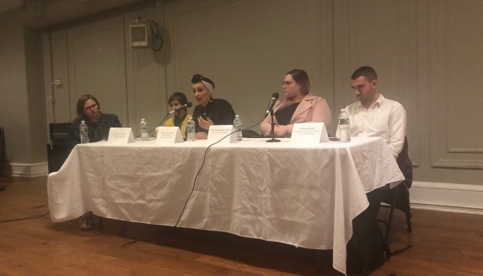 panelists sit at a table discussing domestic violence issues