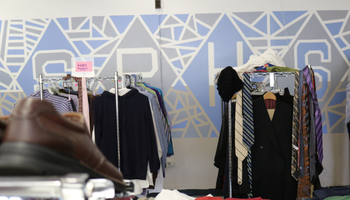 Clothes, ties, and shoes fill a community school closet at south philadelphia high school