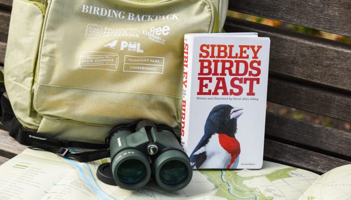 A birding backpack, binoculars, and bird book
