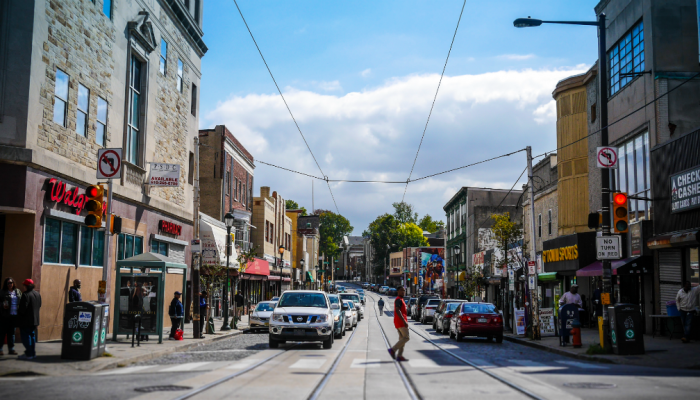 A busy commercial corridor in the Germantown neighborhood of Philadelphia