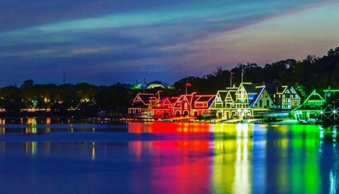 boathouse row lit up in rainbow colors for pride