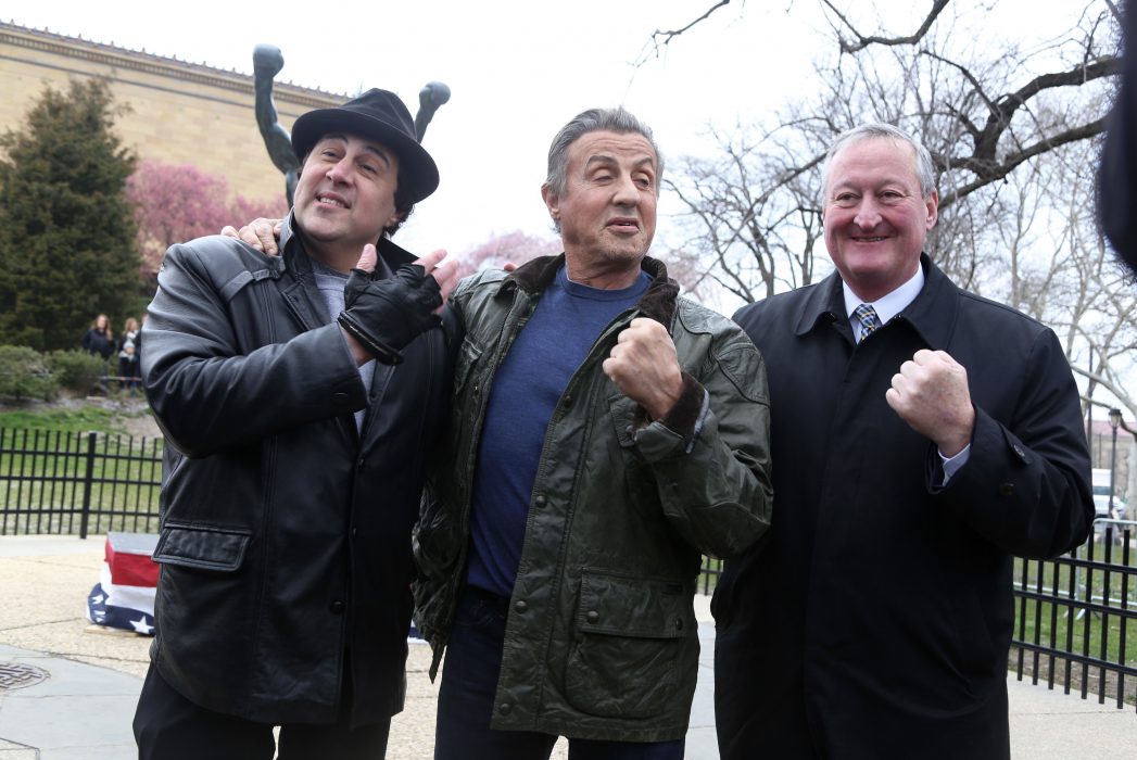 Sylvester Stallone makes an appearance at the Rocky statute with Mayor Kenney and a Rocky impersonator on April 6.