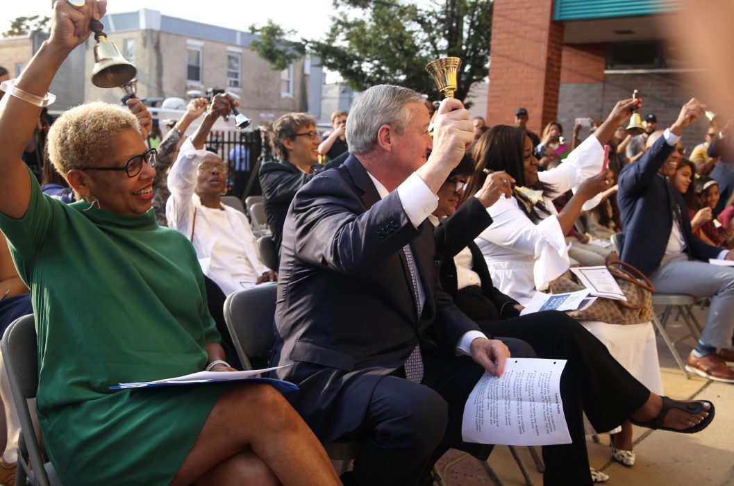 Mayor Kenney, Board of Education members and other city and school officials ring the bell for the first day of school at Muñoz-Marín Elementary School on August 27.