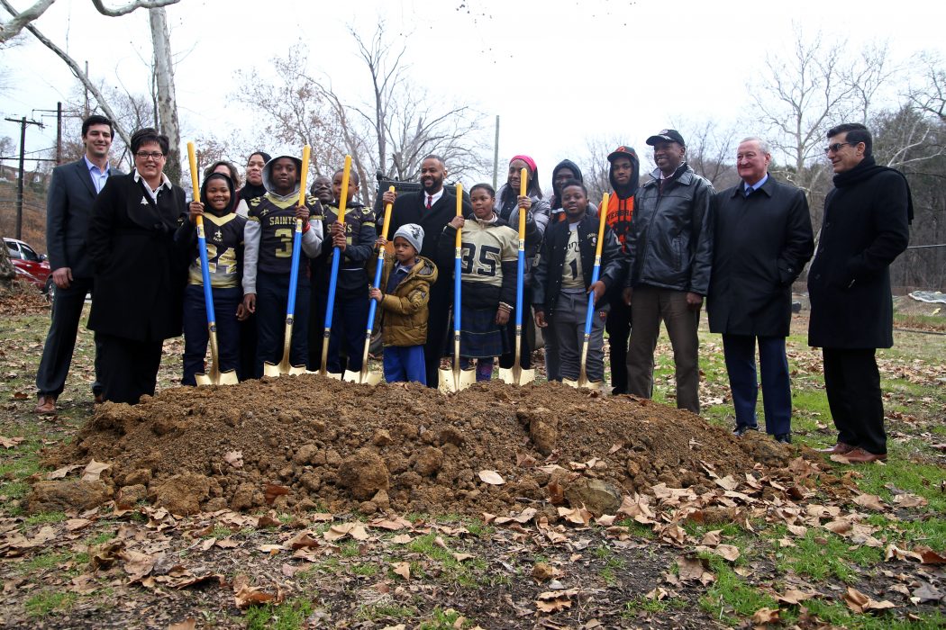Mayor Kenney and other city officials kick-off the first Rebuild groundbreaking at Parkside Fields on December 13.