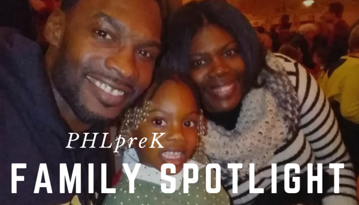 CJ Smith and Cynthia Smith smile with their daughter Chloe. Text across the photo reads PHLpreK family spotlight