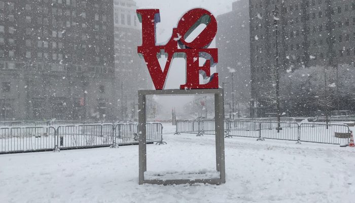 LOVE sculpture during a snowfall