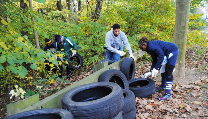 people cleaning up tires from side of the road.