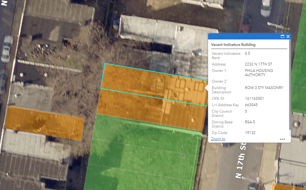 Two likely vacant buildings as identified by the Vacant Property Indicators Model
