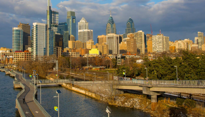 The Schuylkill river near the South Street bridge, with the Philadelphia skyline in the background