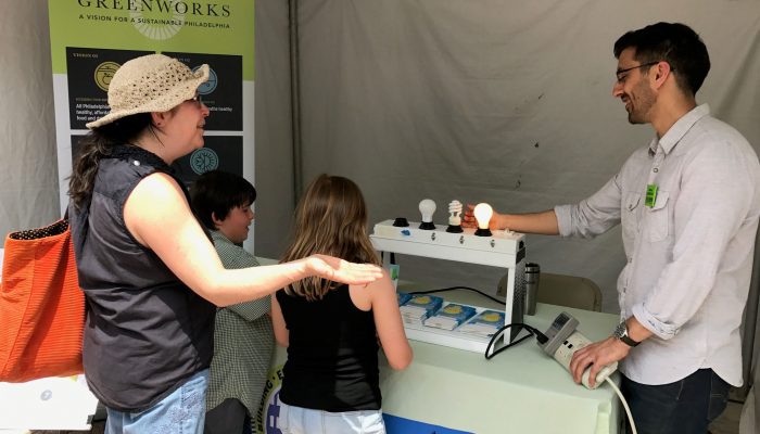 Office of Sustainability staff person gestures towards light bulb demonstration, showing the different between popular light bulbs to an adult and two small children