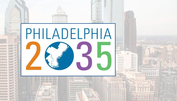 Philadelphia 2035 logo over the Philadelphia skyline.