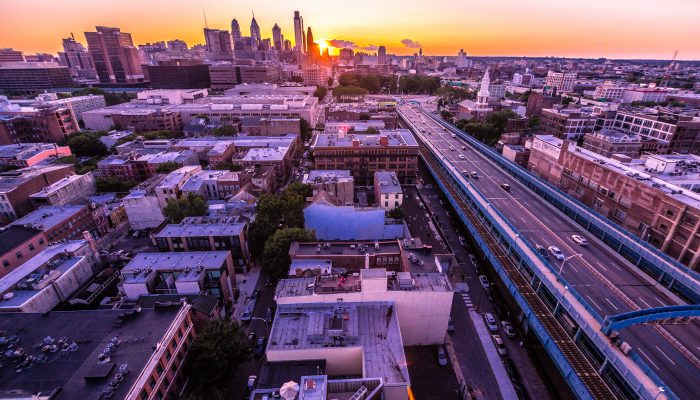 Philadelphia skyline at dusk taken from a distant neighborhood.