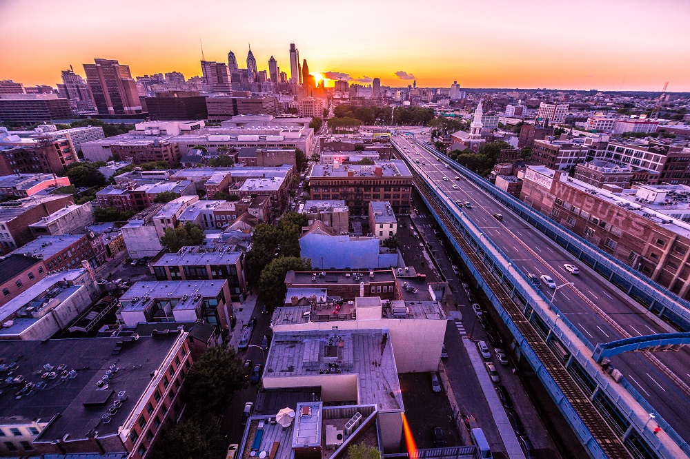 Philadelphia skyline at dusk taken from a distant neighborhood.