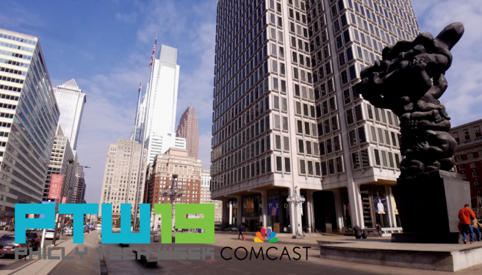 The Municipal Services Building in Center City, Philadelphia, with the Comcast skyscraper in the background