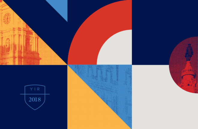 Design of dark blue, light blue, red, yellow, and gray shapes that are part of the report cover