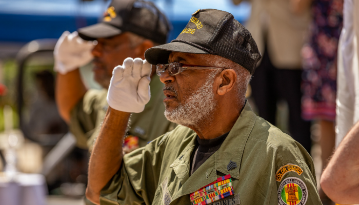 A Philadelphia military veteran salutes the flag during Vet Fest 2018