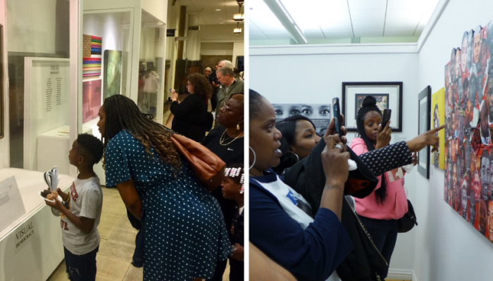 Left: Woman and young child look at art in glass case. Right: Group of women look at and take photos of artwork on a wall. 