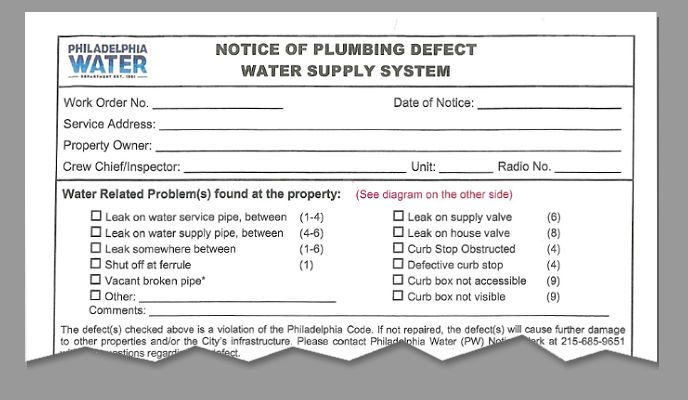 A sample of a Notice of Plumbing Defect that the Philadelphia Water Department gives to residents