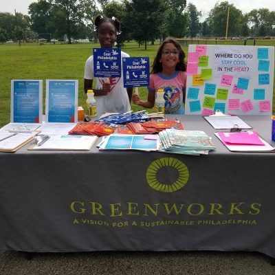 Two young girls stand behind the Beat the Heat activity station at an event in Hunting Park. They're holding "cool Philadelphia" hand fans and a sign that says "where do you stay cool in the heat?"