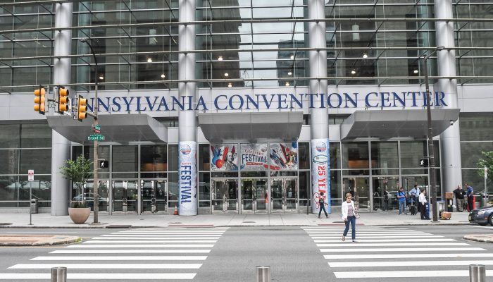The PA Convention Center's entrance on north Broad Street. The Convention Center is a key partner in Shared Public Spaces.