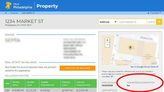 Screenshot from City of Philadelphia's property look-up site shows where visitors can find their Homestead enrollment status
