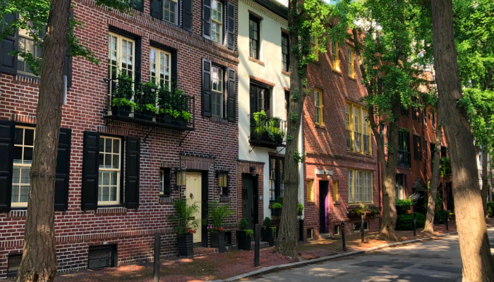 Rowhouses on a quiet street in Center City, Philadelphia