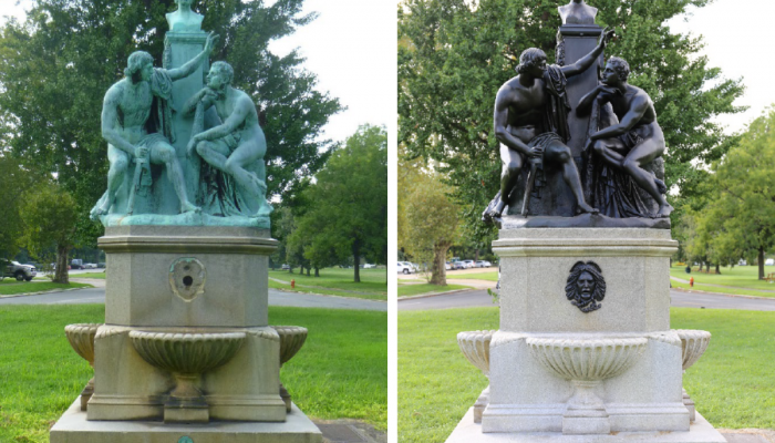 Side-by-side photos of a large statue before and after restoration.
