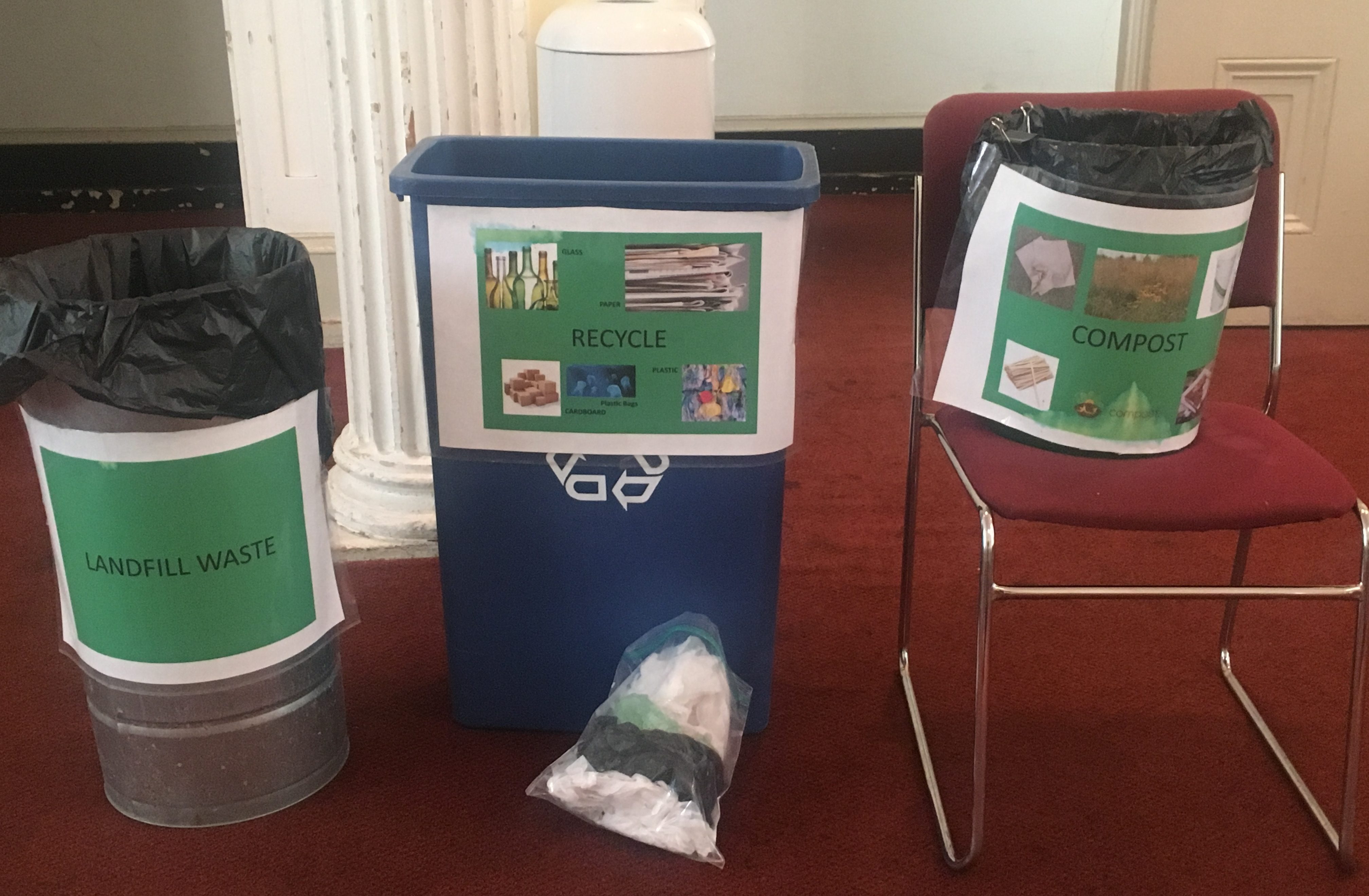 landfill waste, recycling bin, compost bin, and bag for plastic films