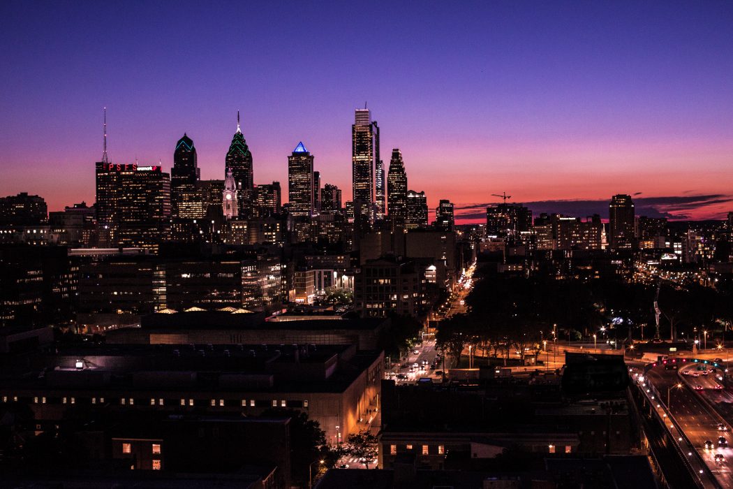 Philadelphia skyline at dusk.