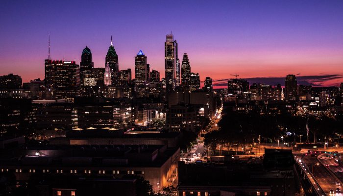 Philadelphia skyline at dusk.