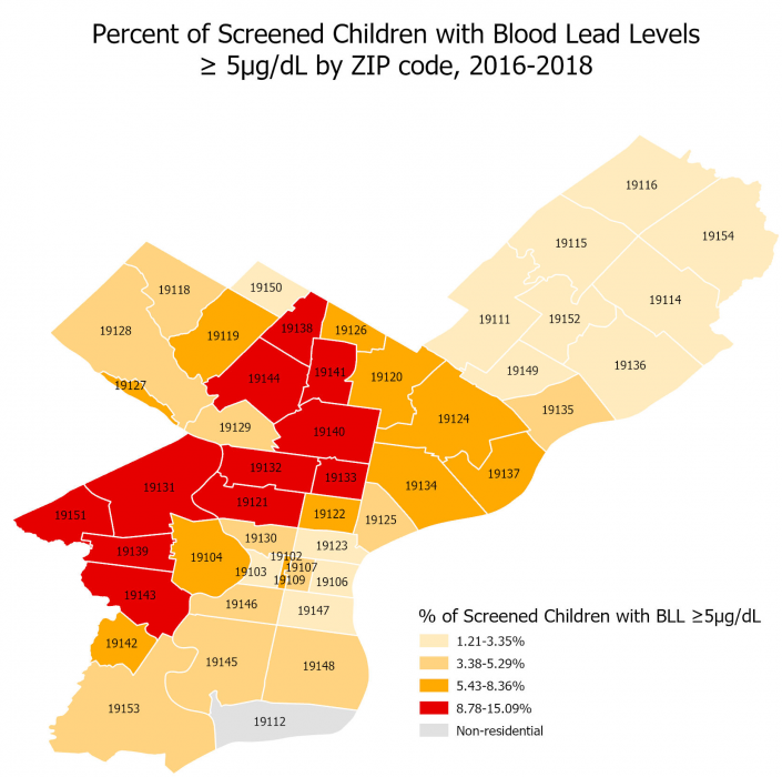 Map of Philadelphia zip codes with higher blood lead levels highlighted