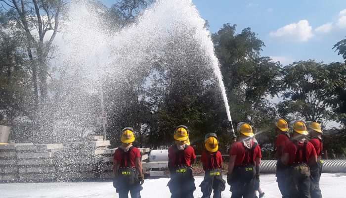 several firefighters watching as hose sprays foam into air outside