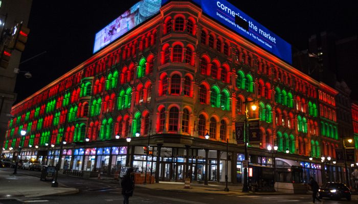 Lit Brothers Building in Red and Green Lights
