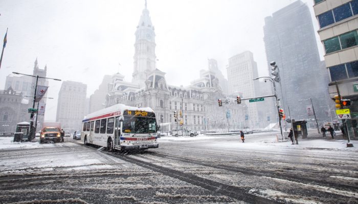 Snowing in Center City with SEPTA Bus on the Street